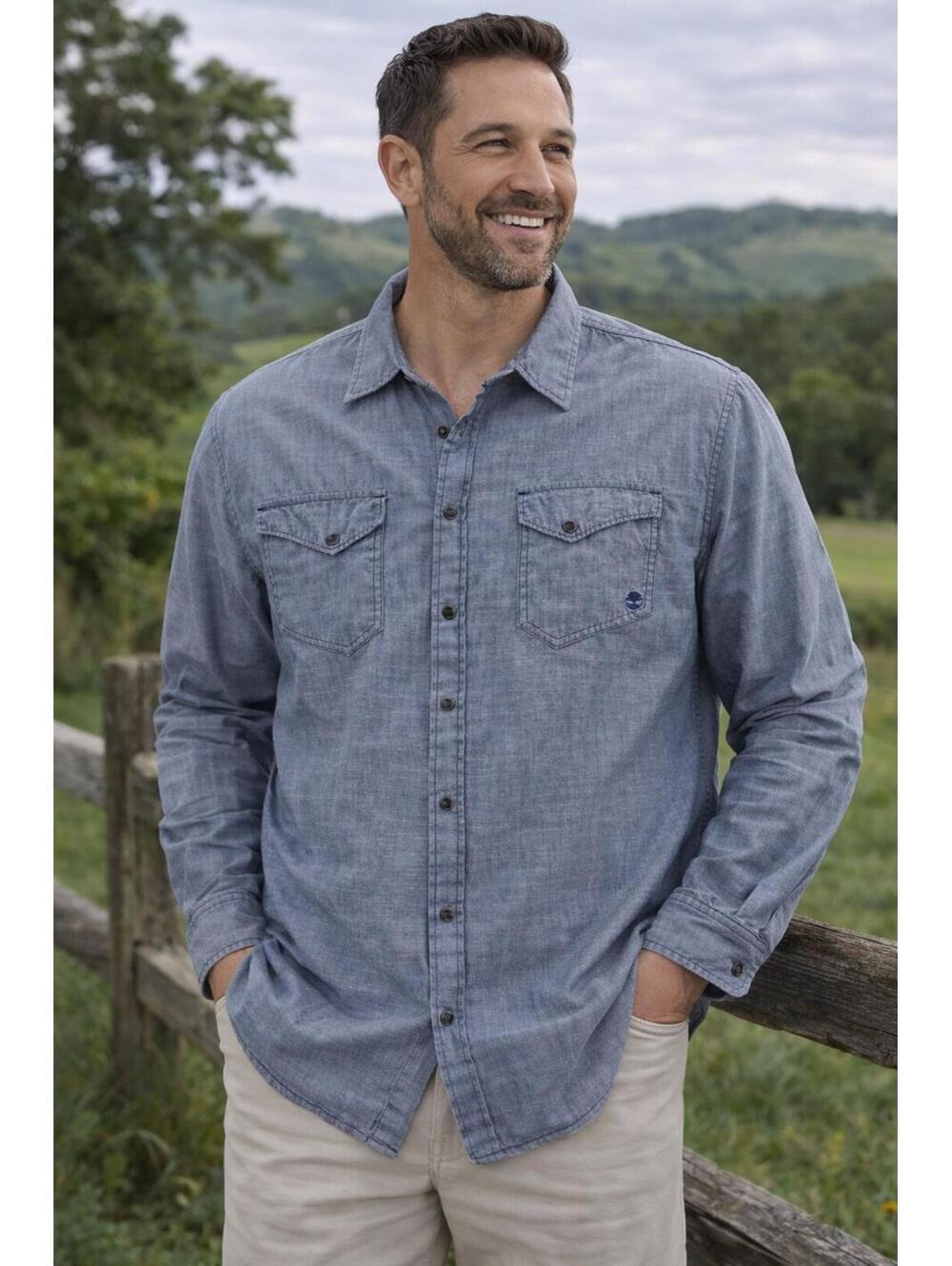 Timberland Chambray Button Up Shirt Blue Long Sleeve Dual Pocket Men’s XL